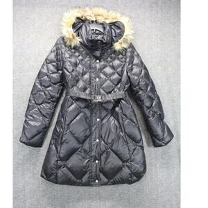 A Pea in the Pod | Long Black Quilted Puffer Hooded Belted Winter Coat Size S